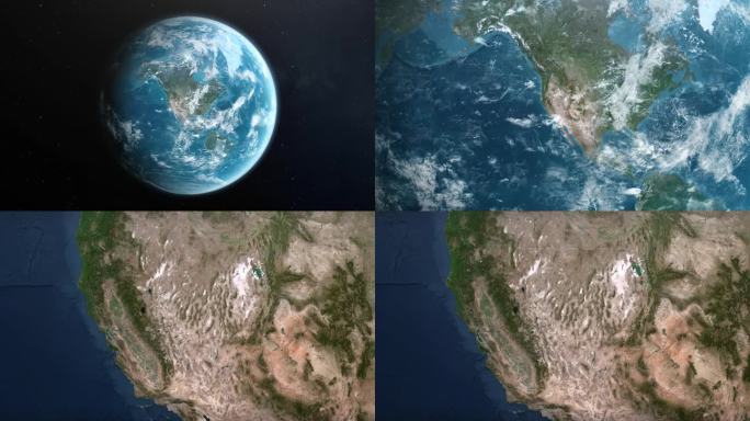 从地球上放大到美国内华达州。美利坚合众国的卫星图像。电影世界地图动画从外太空到领土。美国的概念，亮点