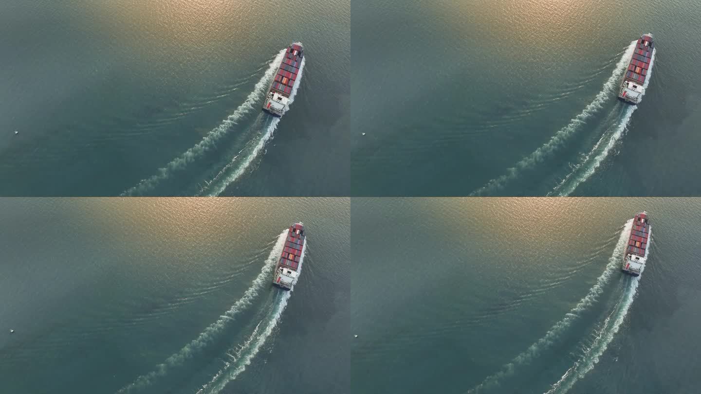 航拍海运货物船舶航迹图载箱船舶航迹图为曲线半圆航迹图，为出口概念技术船舶货运智能服务