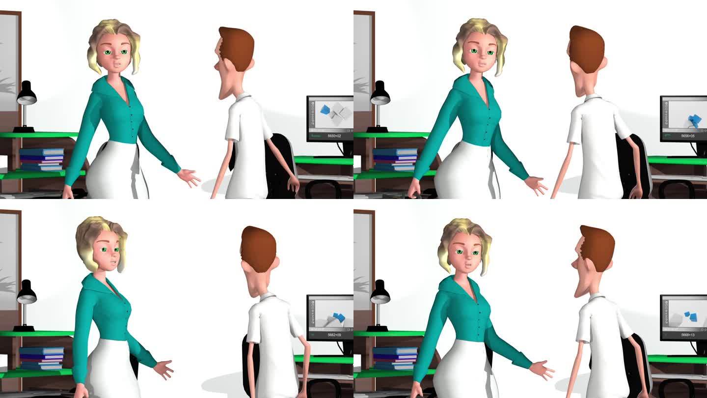 3d动画，两个卡通人物在办公室的桌面和电脑旁边说话