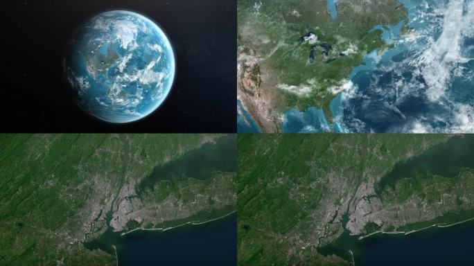 从地球上放大纽约曼哈顿。美利坚合众国的卫星图像。电影世界地图动画从外太空到领土。美国，纽约亮点，全球