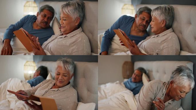 亲吻，平板电脑和长辈在床上玩社交媒体或手机应用，一起放松。爱情，数字技术和老年男女在家里的卧室里的纽