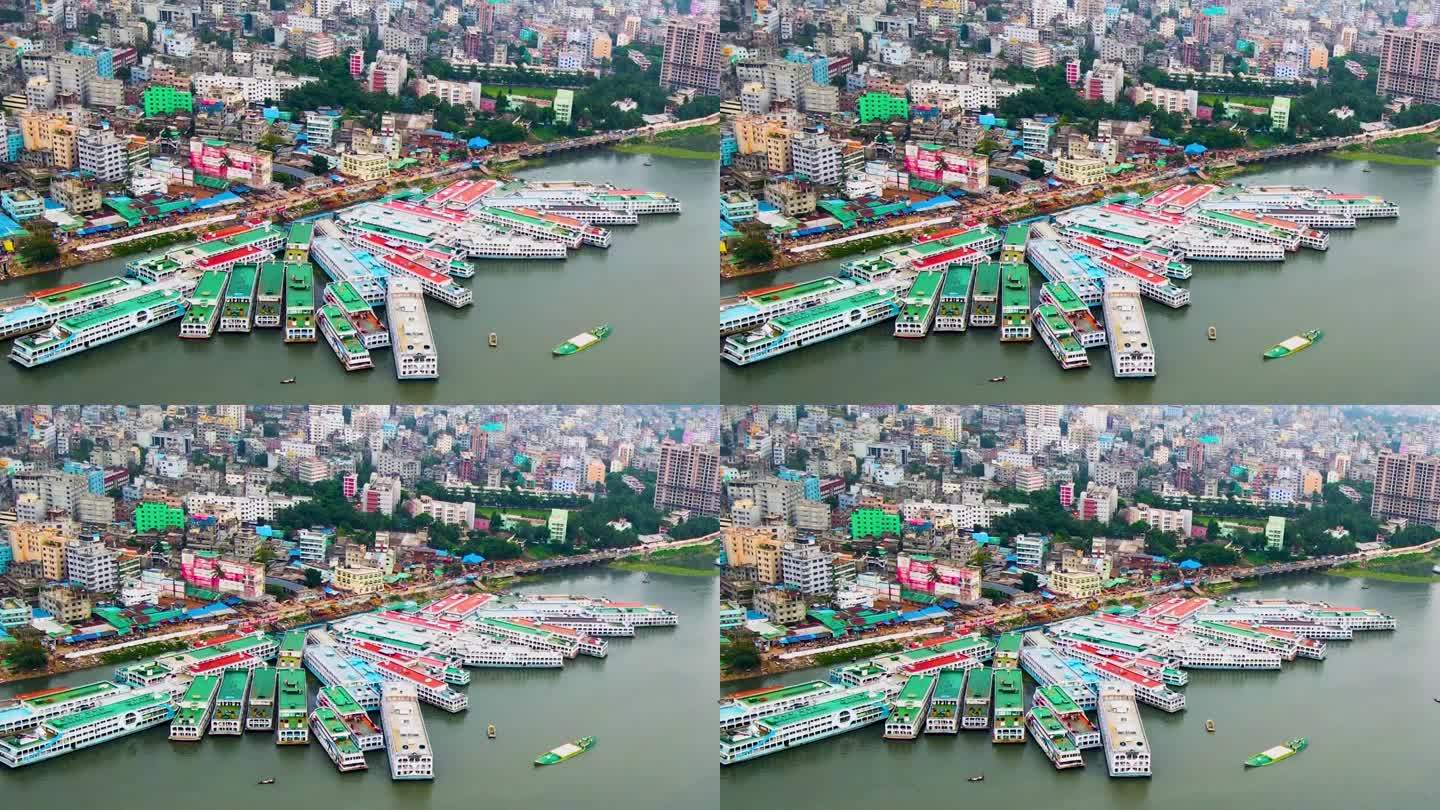 位于孟加拉国布里甘加河沿岸的旧达卡的Sadarghat下水船码头。空中拍摄