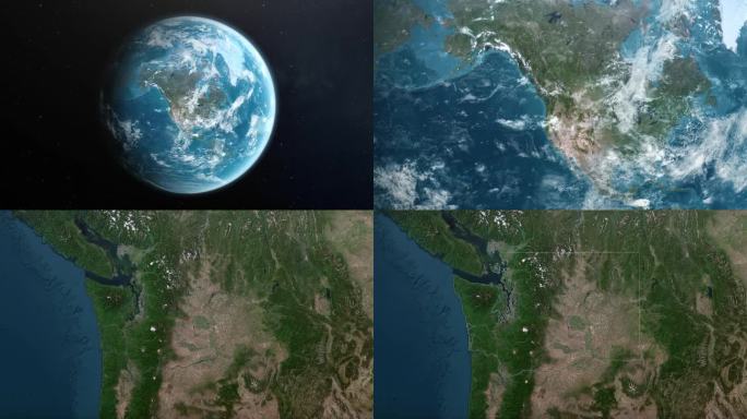 从地球上放大美国华盛顿。美利坚合众国的卫星图像。电影世界地图动画从外太空到领土。美国的概念，亮点，全