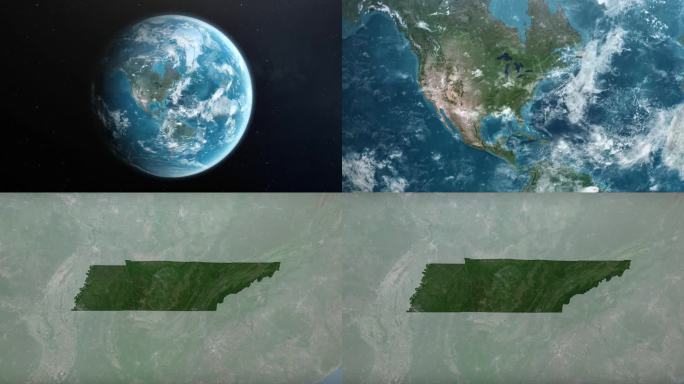 从地球上放大美国田纳西州。美利坚合众国的卫星图像。电影世界地图动画从外太空到领土。美国的概念，亮点，