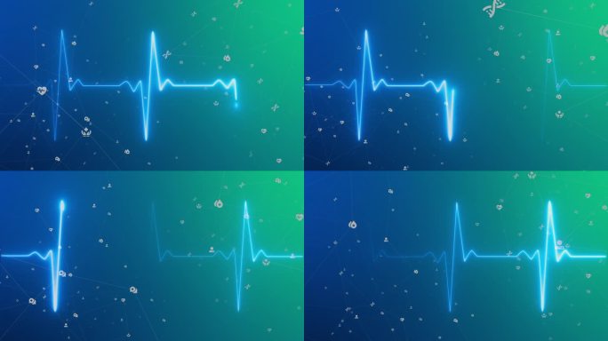 心跳脉搏。在蓝色和绿色医学背景上发光的霓虹蓝色心脏心电图线。心电图显示心跳线。心电图，心脏脉搏。运动
