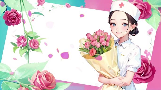 护士节女护士手捧鲜花玫瑰祝福感恩卡通祝福