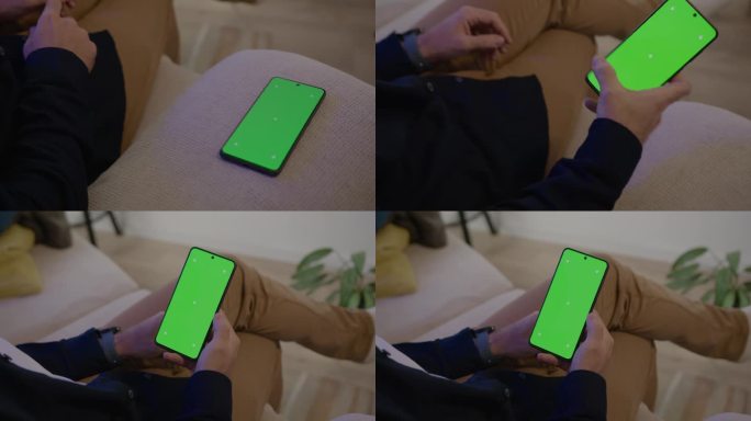 男性手拿手机的细节，绿色色度屏，便于图文插入