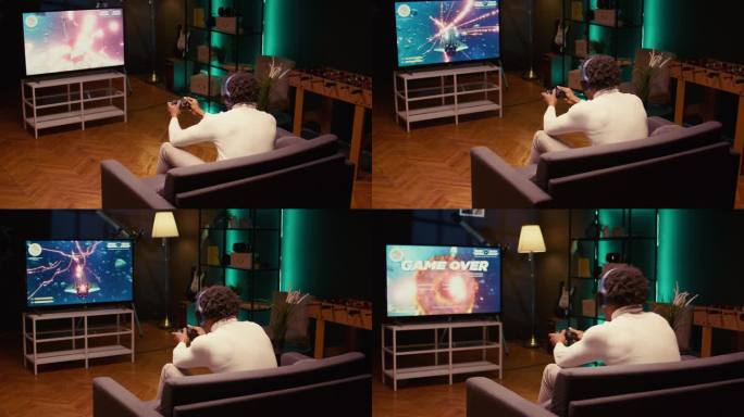 玩家在超宽智能电视上接收游戏屏幕，失去所有生命值，未能赢得关卡