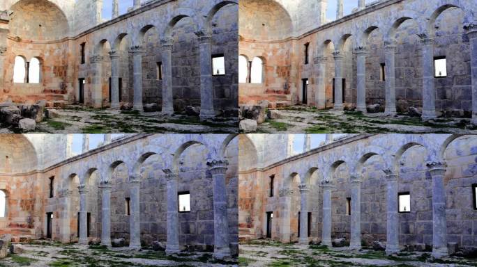 坎巴兹利教堂视频:废墟，古老，历史保存。土耳其的梅尔辛展示了5世纪被毁坏的古老历史。破败的，古老的，