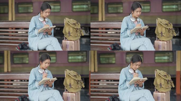 一位亚洲女性旅行者坐在座位上，一边等待火车到达火车站，一边在日记中记录她的旅程
