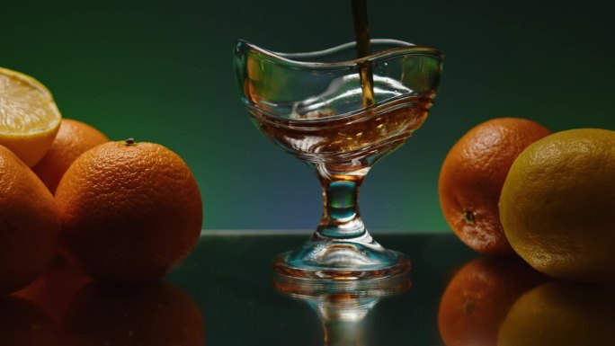 鸡尾酒杯:放在餐馆或酒吧柜台上的装有酒精鸡尾酒的杯子股票剪辑。用橘子装饰的吧台