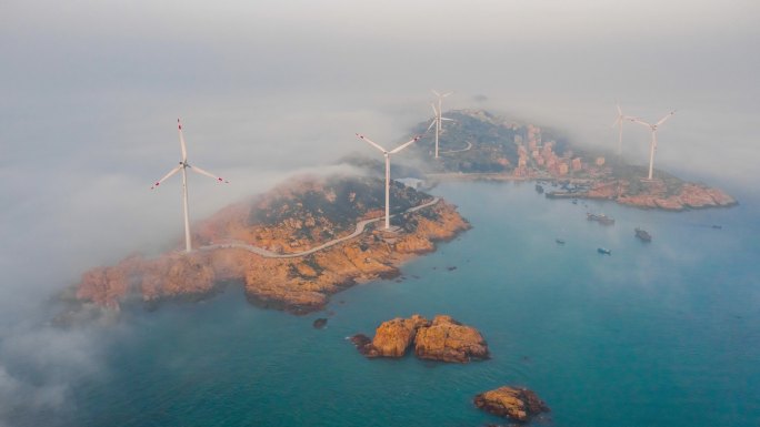 泉州惠安小岞风车岛平流雾航拍延时摄影