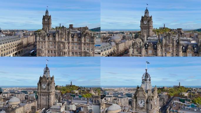 鸟瞰爱丁堡老城区的钟楼和苏格兰国旗，鸟瞰爱丁堡老建筑，爱丁堡市中心，苏格兰哥特式复兴建筑，爱丁堡的苏