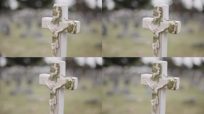 葬礼，墓碑或耶稣在墓地十字架上的死亡仪式，宗教或追悼会。墓碑上的符号、背景或基督教标志，用于悼念、埋