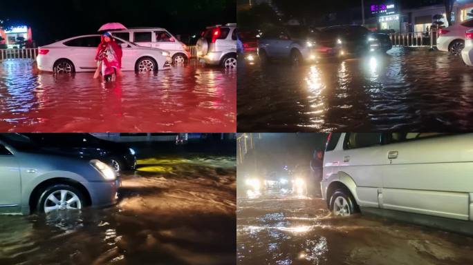 城市内涝涉水车辆在暴雨水中开车涉水城市