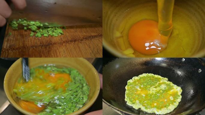 香椿摊鸡蛋，热油下锅翻炒，舌尖鸡蛋美食