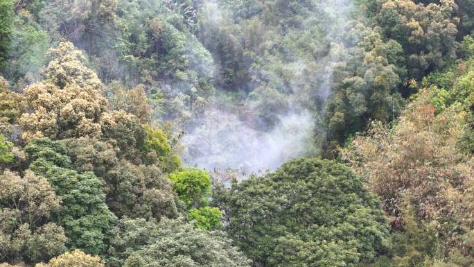 山间的烟雾火灾明火森林防火