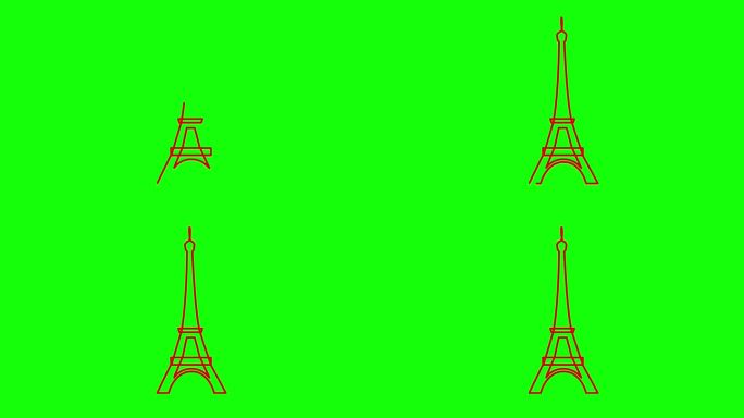 绘制出红色的埃菲尔铁塔动画。法国的线形符号。毛圈的视频。巴黎的概念，旅行，旅行，建设，旅程。线矢量插