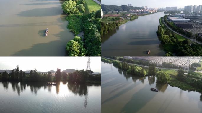 航拍 里水 渔船 河道 落日 逆光