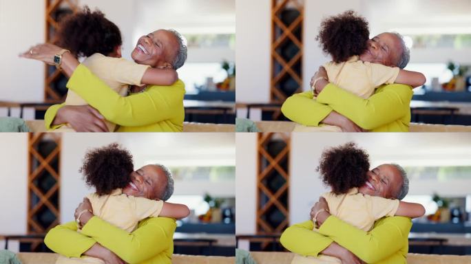微笑，奶奶或孩子在家里拥抱或幸福的家人在沙发上爱或联系在一起。支持，老年黑人妇女或非洲儿童与老年祖父