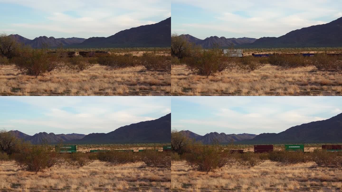 日落时分，亚利桑那州沙漠中的黄色干草，凤凰城附近的一列火车