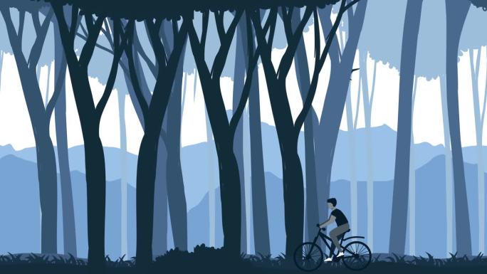 自行车循环2d动画。卡通舒适可爱的角色骑自行车骑自行车。徒步旅行者骑着自行车穿过森林。循环动画。