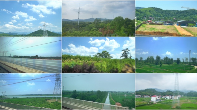 高铁窗外风景蓝天白云田园乡村美丽中国风景