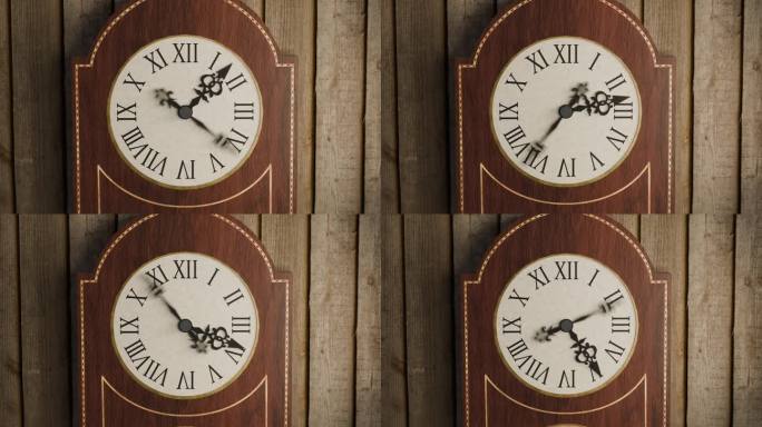 3D动画展示了一个古老的落地式时钟在时间间隔中快速旋转