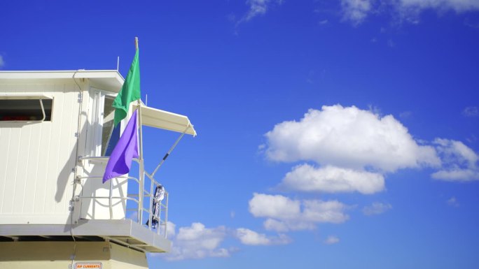 4k HDR视频救生员塔与紫色和绿色的旗帜。mov