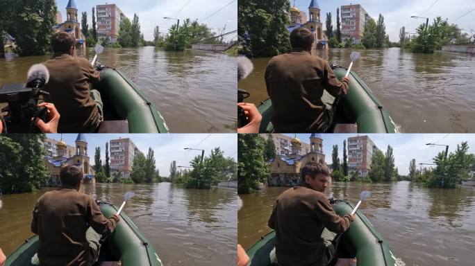 水电站爆炸后，志愿者乘船疏散动物和人员。新卡克霍夫卡省第聂伯罗河大坝爆炸，赫尔松市一座教堂被淹