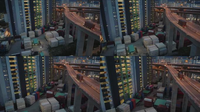 运输货物的卡车，高架物流路，香港货柜码头顶部，天黑后，广角航拍，电影变形外观
