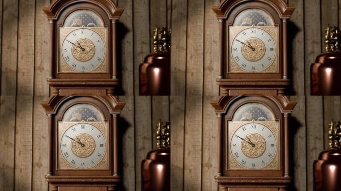 3D动画展示了一个古老的落地式钟的特写