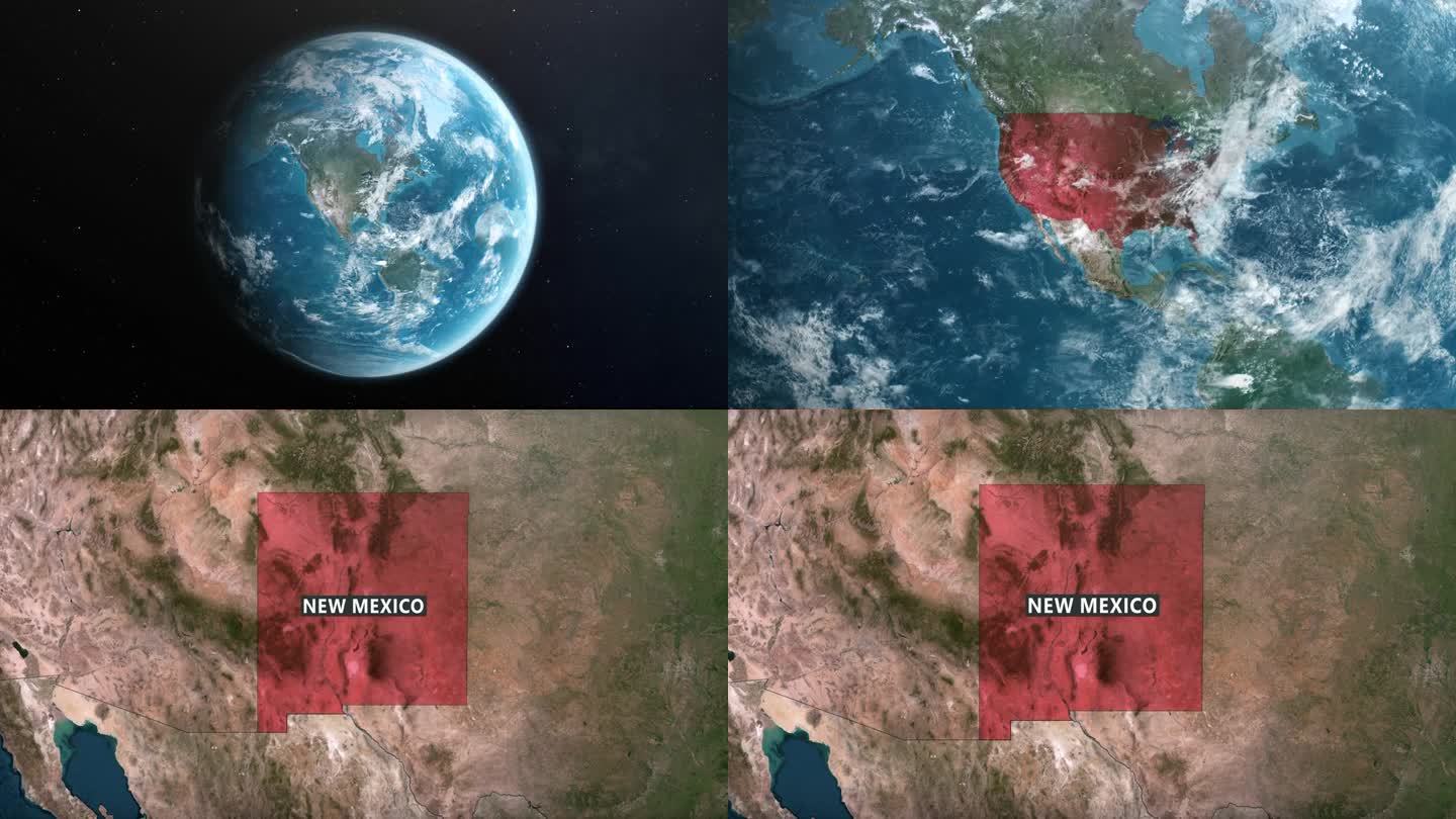 从地球上放大到美国新墨西哥州。美利坚合众国的卫星图像。电影世界地图动画从外太空到领土。美国的概念，亮