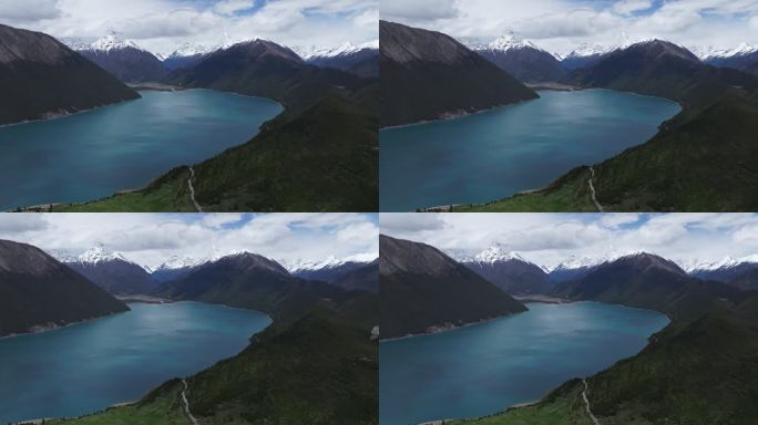 西藏林芝地区巴松错村庄神湖春色高空航拍