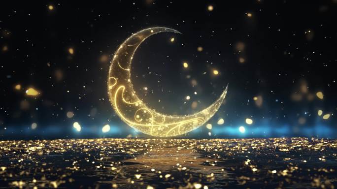 8K 中秋节金色月亮弯弯的月浪漫星空月光