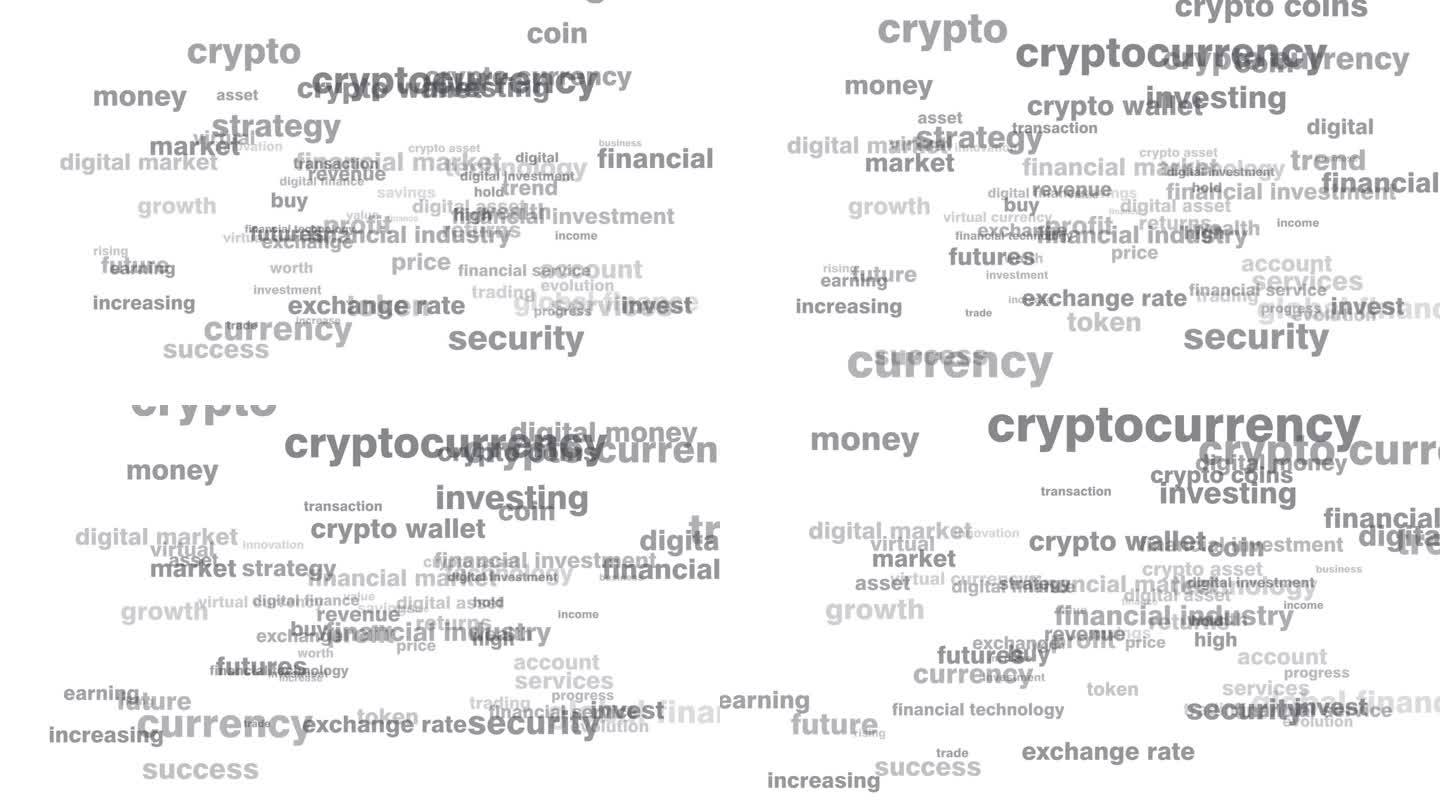 白色背景的加密货币文本展示了数字资产，山寨币和加密货币未来投资的盈利机会