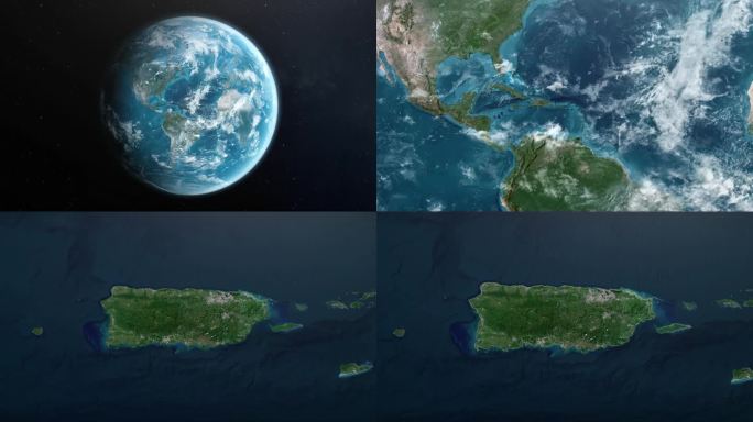 从地球上放大波多黎各。美利坚合众国的卫星图像。电影世界地图动画从外太空到领土。美国的概念，亮点，全球