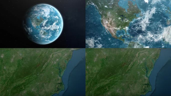 从地球上放大美国弗吉尼亚州。美利坚合众国的卫星图像。电影世界地图动画从外太空到领土。美国的概念，亮点