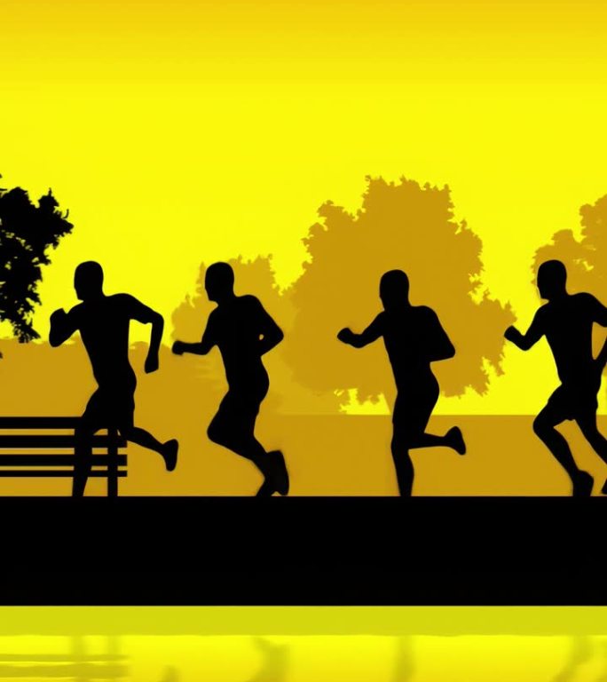 一群人的剪影在黄色的公园里奔跑