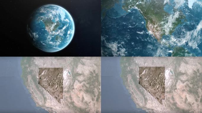 从地球上放大到美国内华达州。美利坚合众国的卫星图像。电影世界地图动画从外太空到领土。美国的概念，亮点