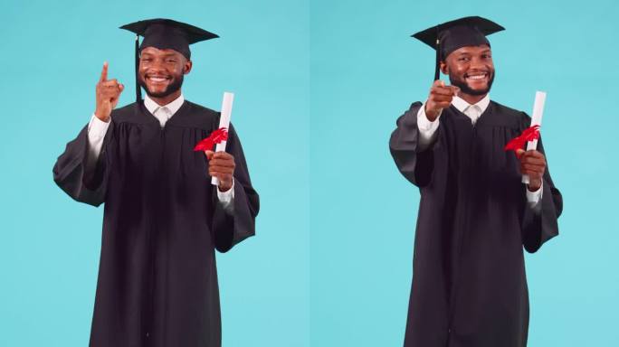 广告、摄影和大学毕业，有工作室的文凭，成就或成功。毕业，市场营销，非洲男大学生，学历或证书蓝色背景