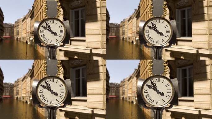 3D动画展示了欧洲街道上的公共街道时钟，背景是河流或被洪水淹没的街道