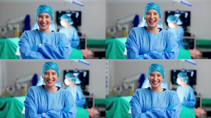 女外科医生的肖像，手术和团队在手术室急诊保健诊所。健康，医生和笑脸的医疗专业人员在医院剧院的健康，照