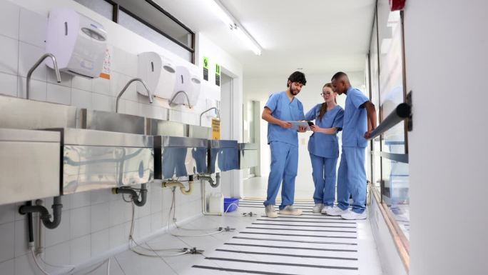一群医科学生在手术室外聊天，一边看着平板电脑上病人的病历