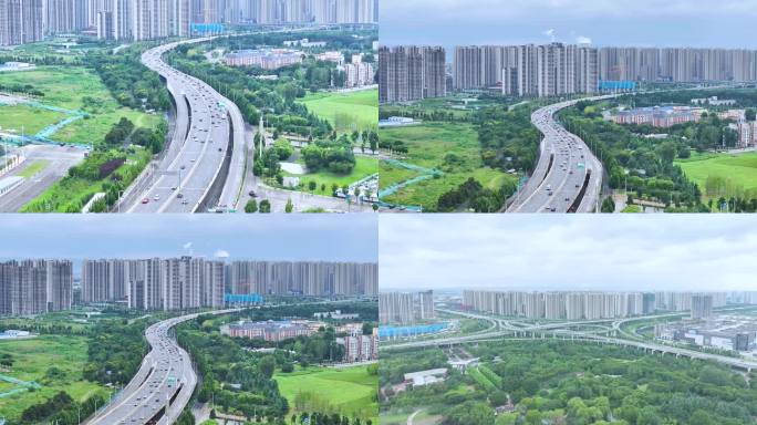 4K航拍郑州西区陇海高架城市绿化
