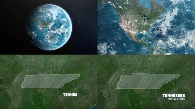 从地球上放大美国田纳西州。美利坚合众国的卫星图像。电影世界地图动画从外太空到领土。美国的概念，亮点，
