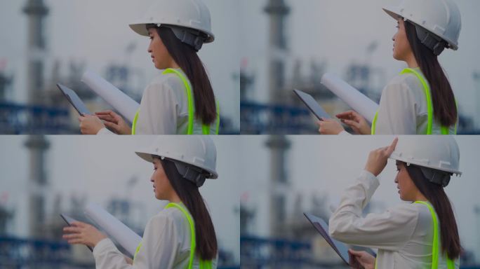 工业工程师戴安全帽，在电厂附近工作，在工地检查建筑师图纸。