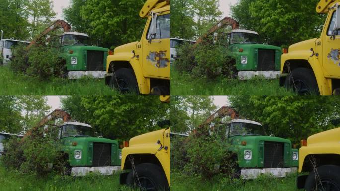 一辆老式校车和一辆大型老式卡车停在森林里腐烂的慢镜头。