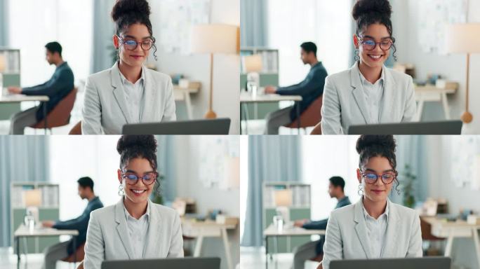 快乐的女人戴着眼镜，手提电脑，在联合办公空间打字，在咨询机构做研究和在线安排。办公室，网络业务，会用