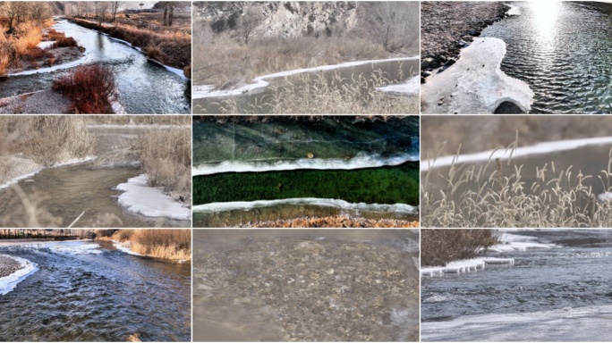 冬季河道结冰小溪水流 山间小溪 冰雪消融